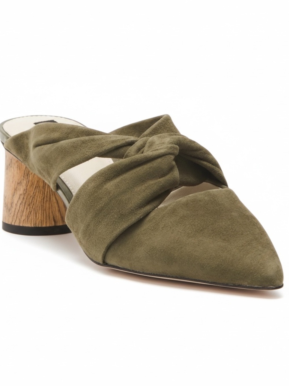 Sanctuary Sunset 2.0 Mossy Green Suede Bow Mule Heels 8.5 NIB Woodgrain Heel ECO